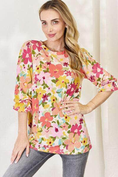 Celeste Full Size Floral Flounce Sleeve Top CREAM FLORAL / S