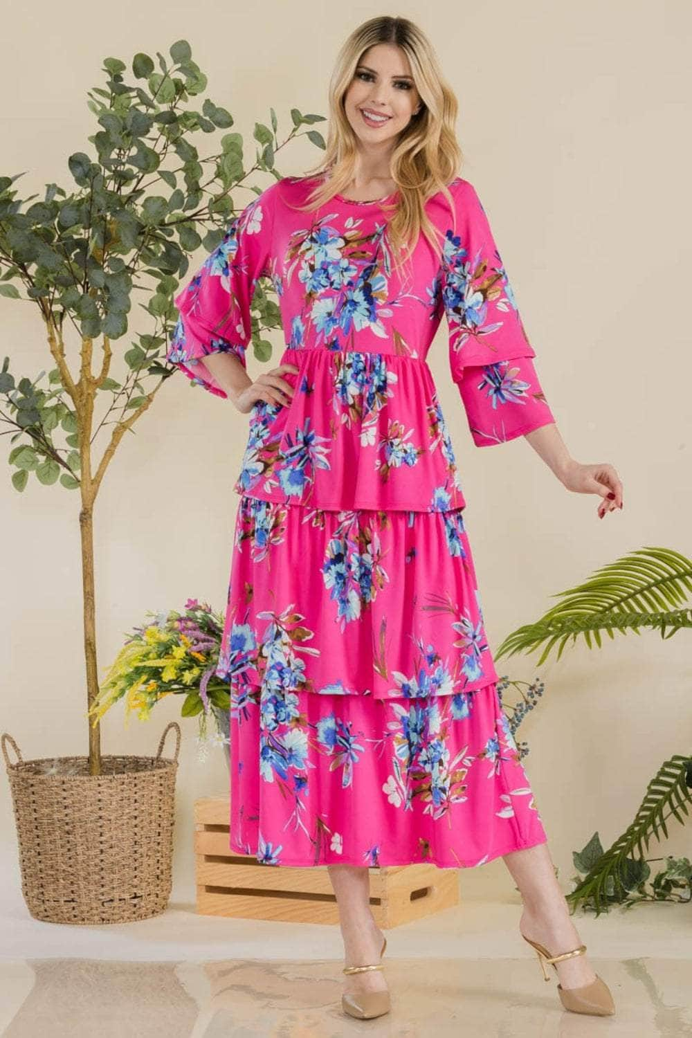 Celeste Full Size Floral Ruffle Tiered Midi Dress FUCHSIA FL / S