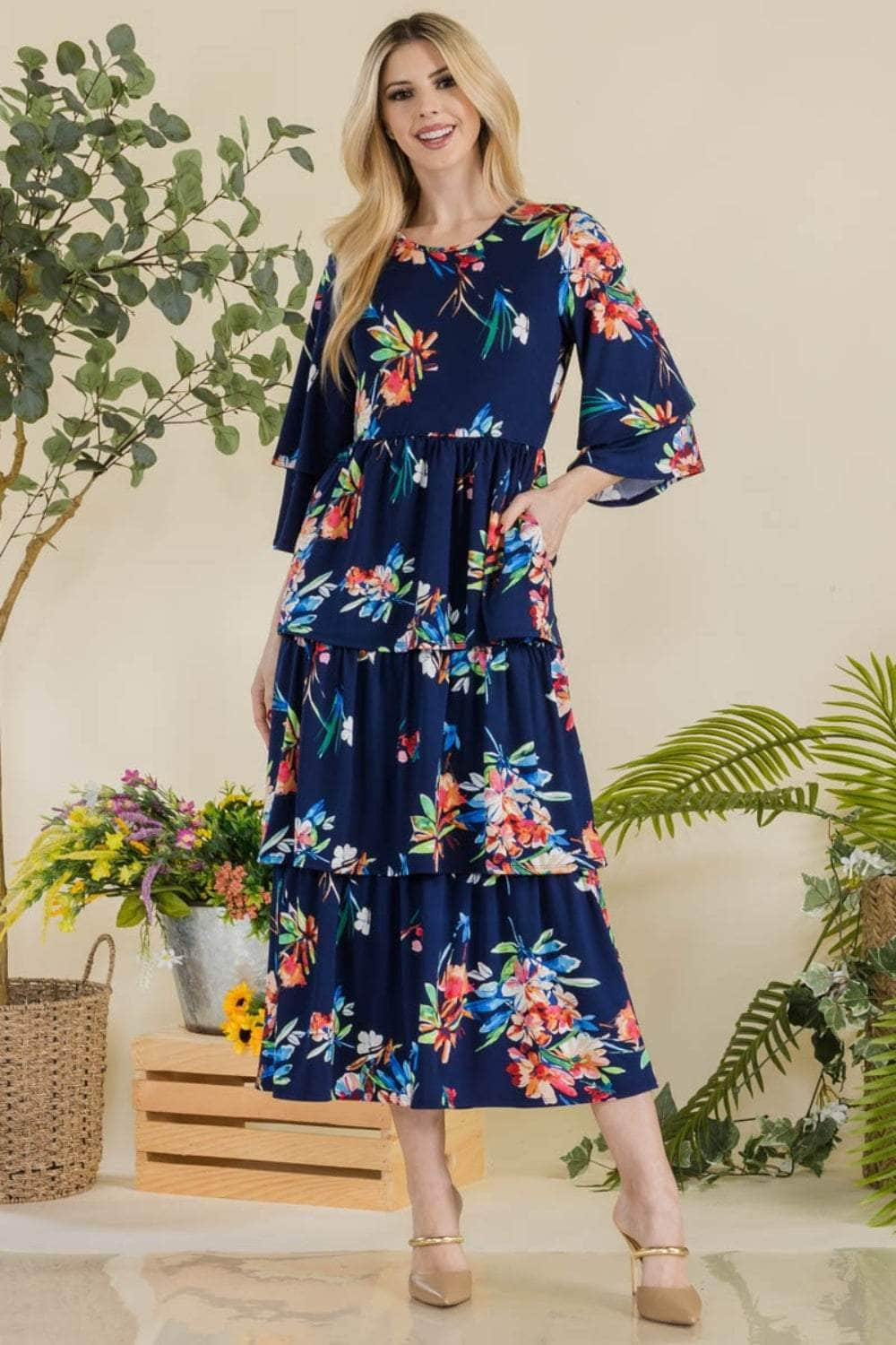 Celeste Full Size Floral Ruffle Tiered Midi Dress NAVY FL / S