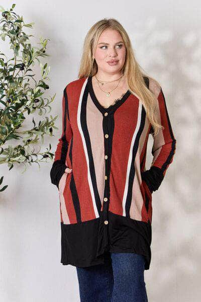 Celeste Full Size Striped Button Up Long Sleeve Cardigan Rust Stripe / S