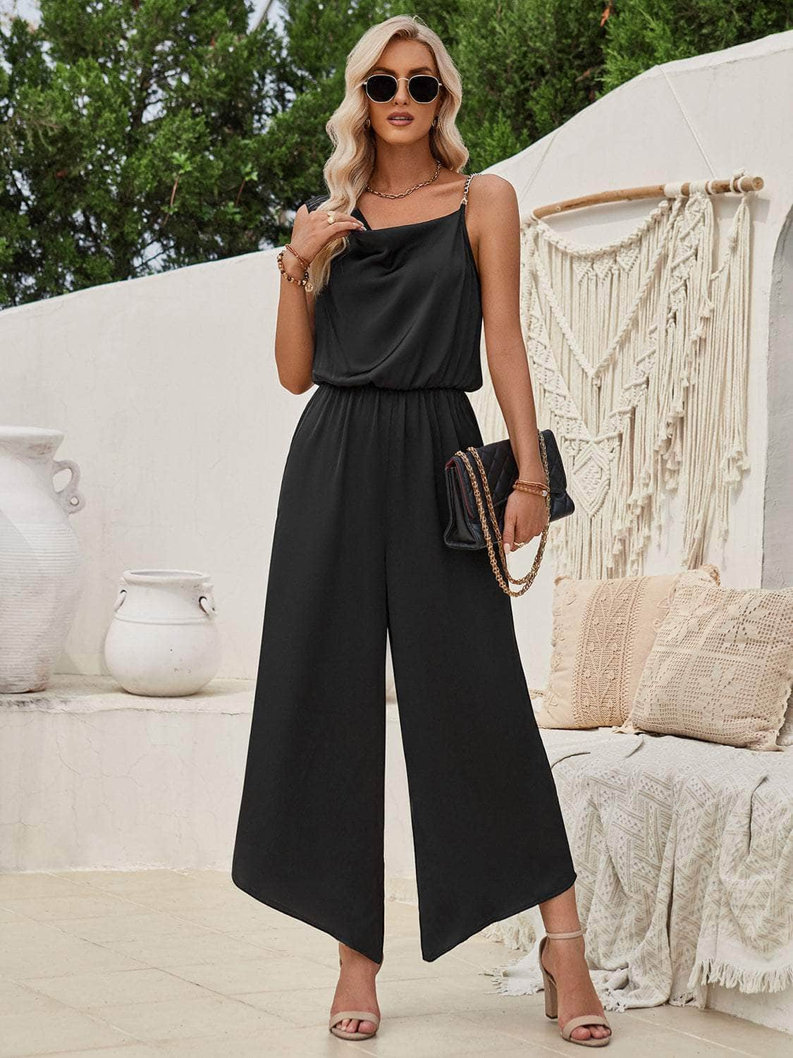 Chain Detail Asymmetrical Neck Jumpsuit Black / S