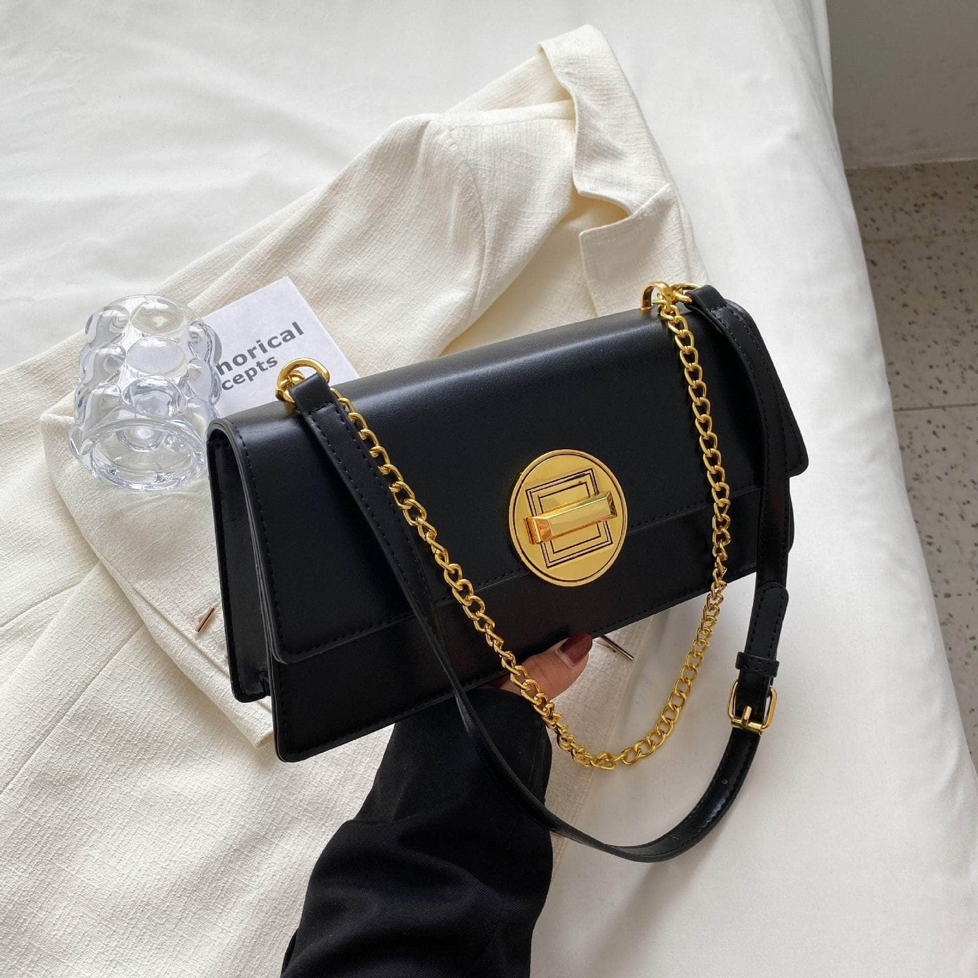 Chain Strap Crossbody Bag with Accordion Flap Design Black