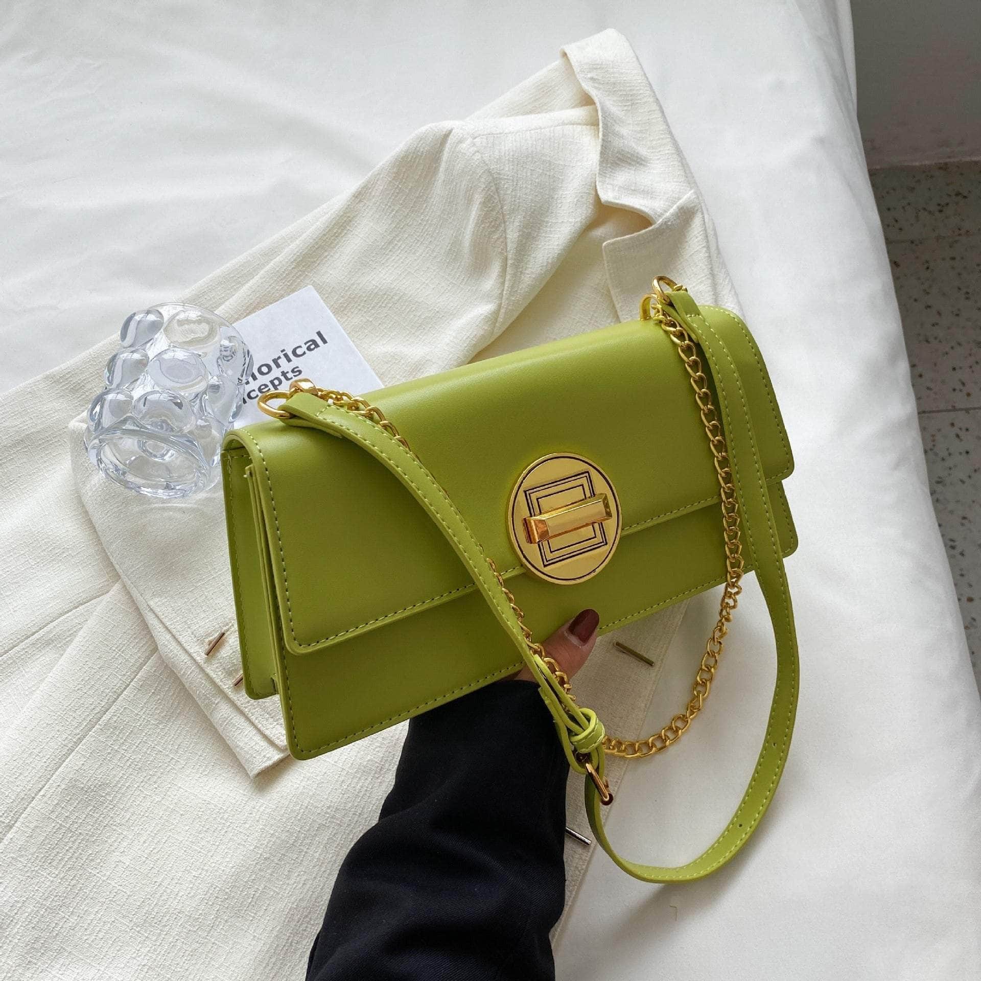 Chain Strap Crossbody Bag with Accordion Flap Design Green