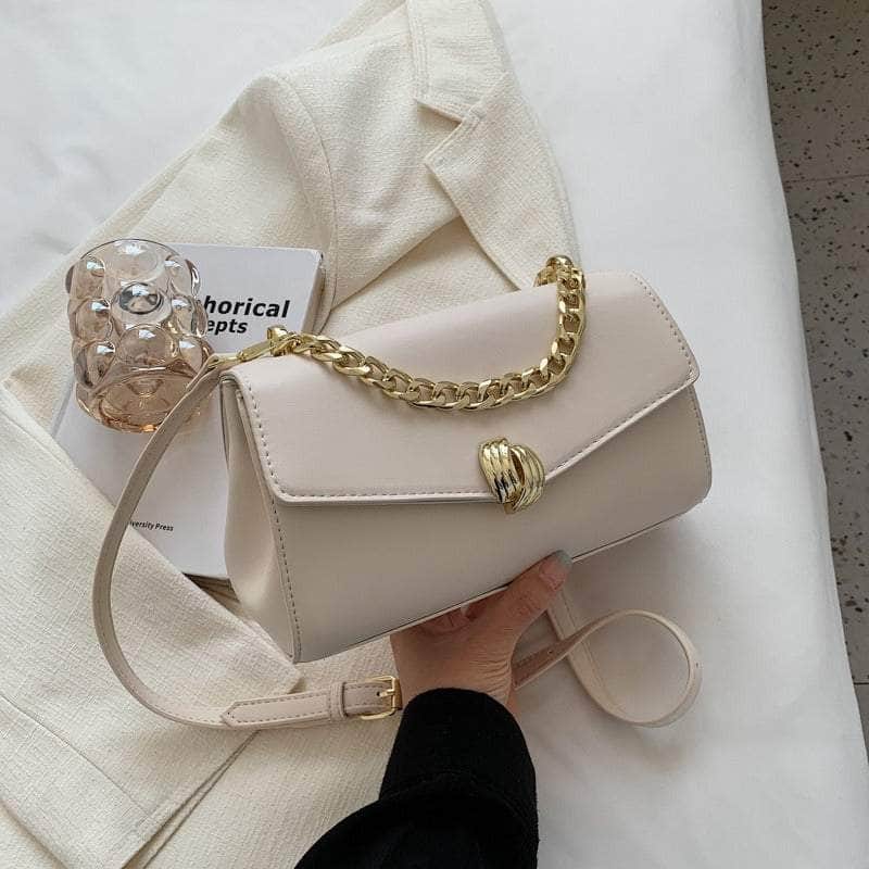 Chain Strap Flap Baguette Bag with Sleek Minimalist Design Ivory