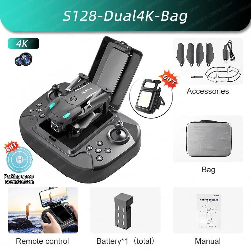 ChatGPT New S128 Mini Drone: 4K Camera, Obstacle Avoidance, Foldable Quadcopter Black-Dual4K-Bag-1B