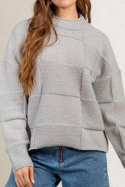 Checkered Texture Long Sleeve Sweater Cloudy Blue / S