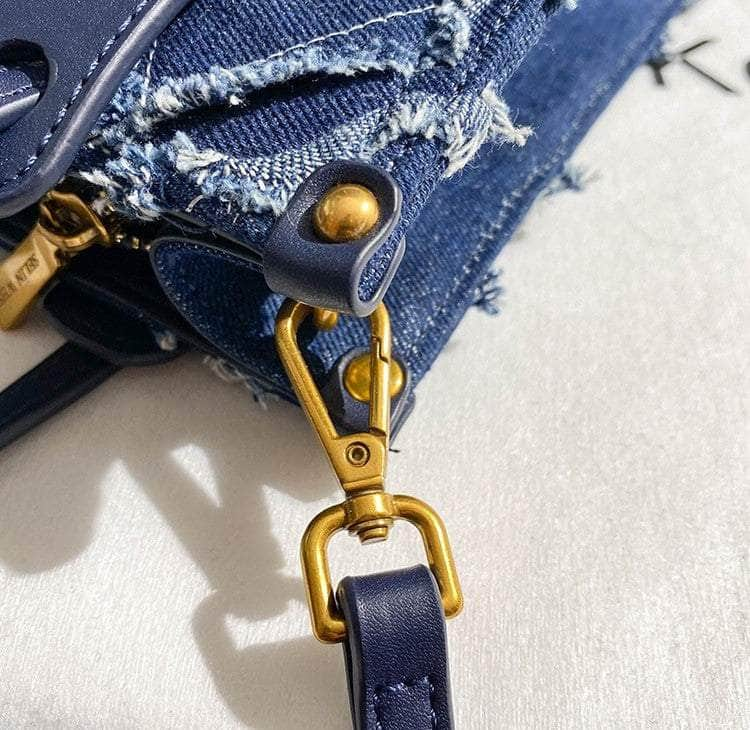 Chic Frayed Hem Blue Denim Tote Bag