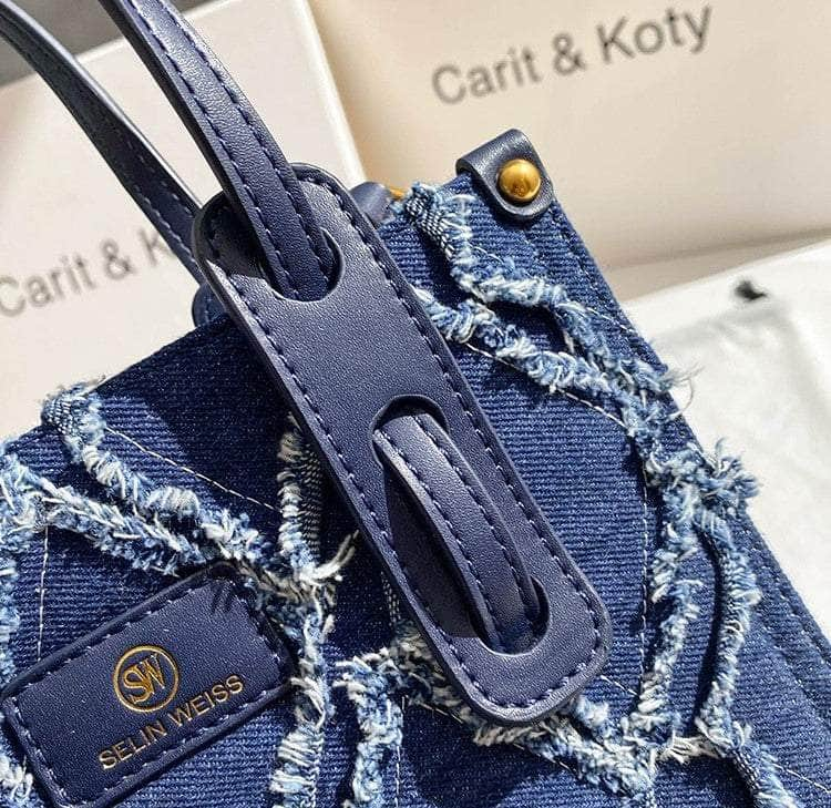 Chic Frayed Hem Blue Denim Tote Bag