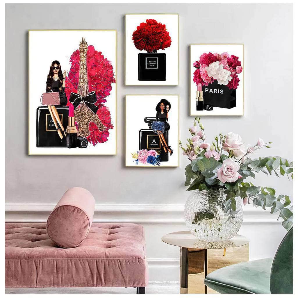 Chic Wall Art Canvas: Paris Tower, Fashion Perfume, Flower, Lipstick - Nordic Posters for Living Room Decor