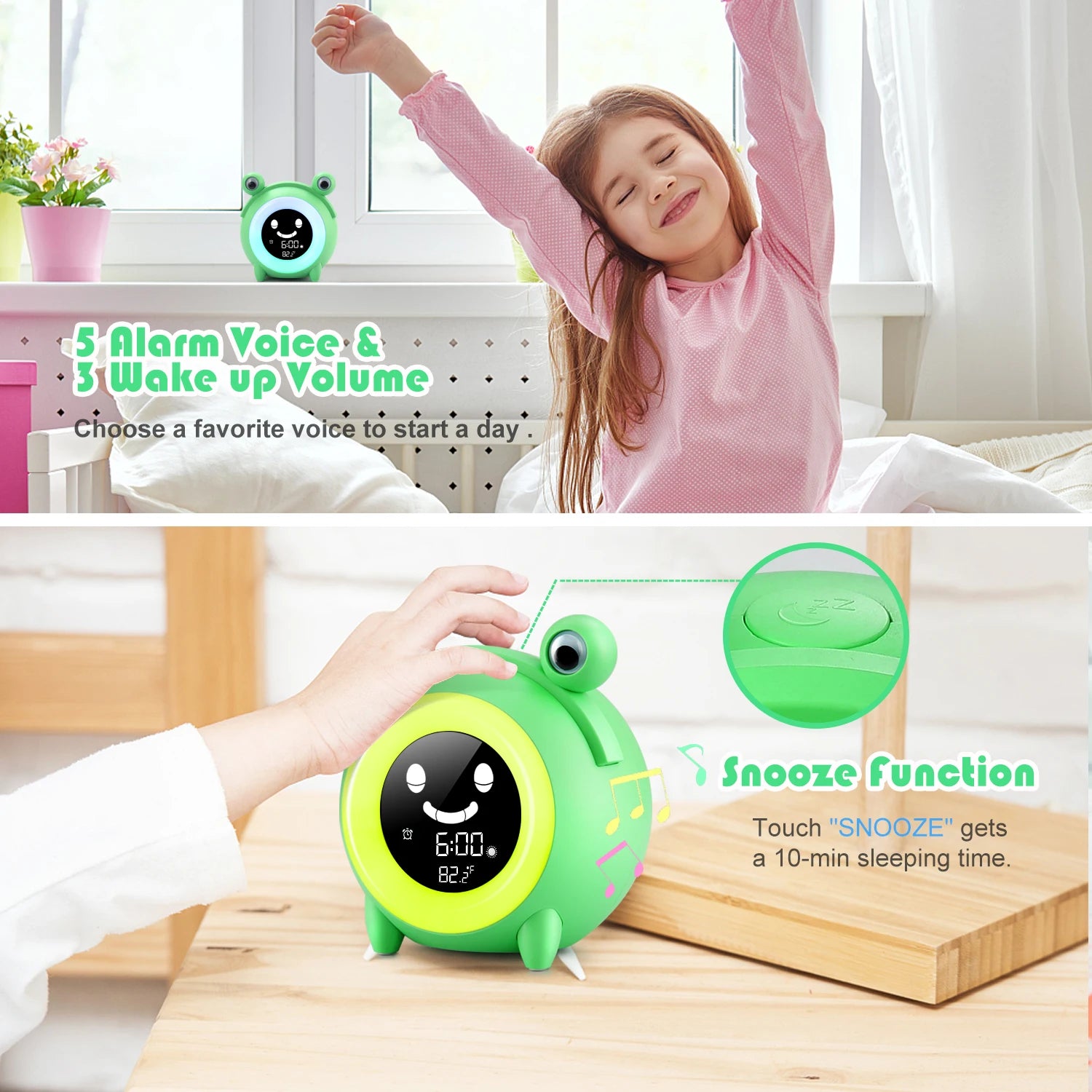 Child Alarm Clock with Cute Animal Design, Sleep Trainer, Digital Wake-Up, Colorful Night Light, Snooze, Temperature, NAP Timer - Perfect for Kids