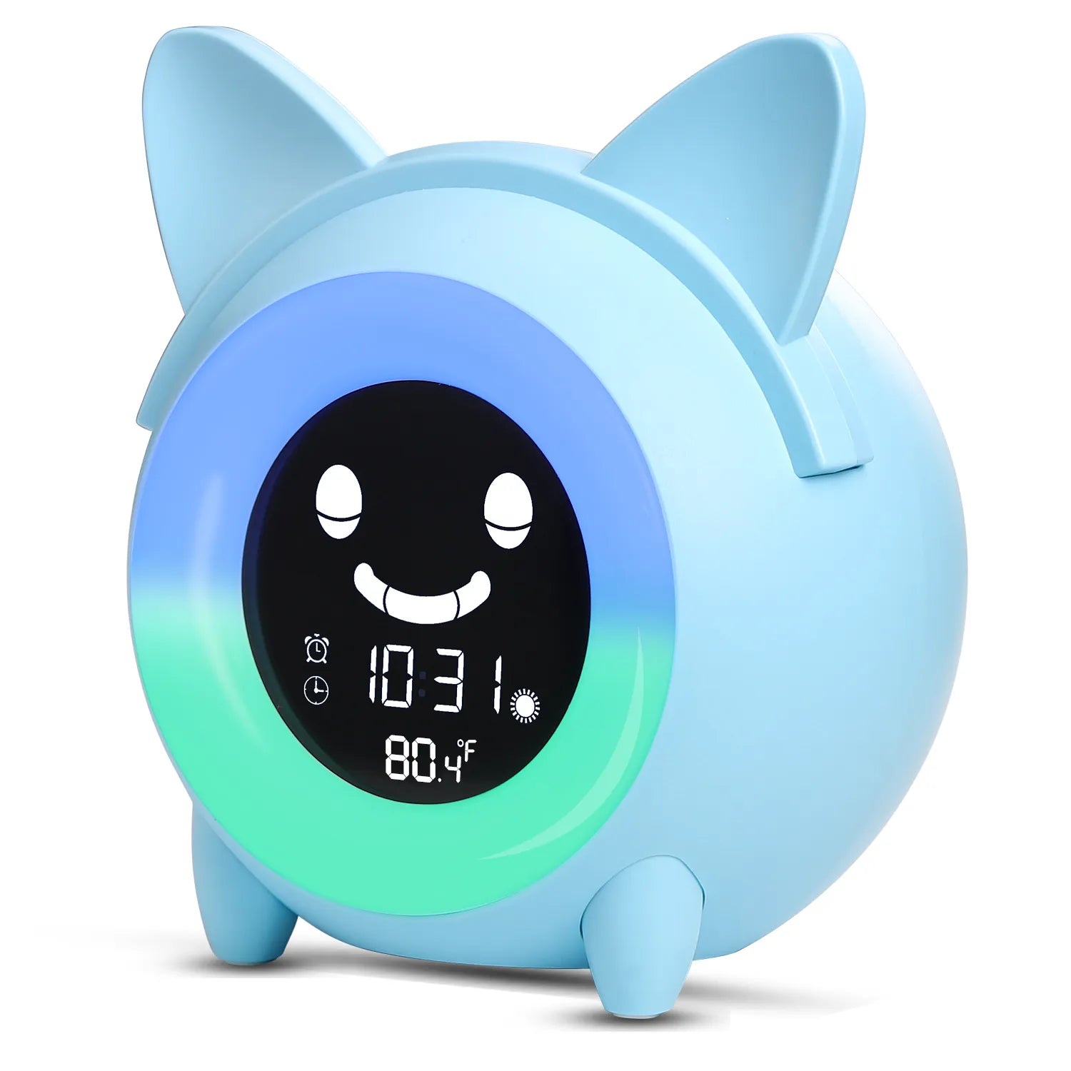 Child Alarm Clock with Cute Animal Design, Sleep Trainer, Digital Wake-Up, Colorful Night Light, Snooze, Temperature, NAP Timer - Perfect for Kids Blue Cat