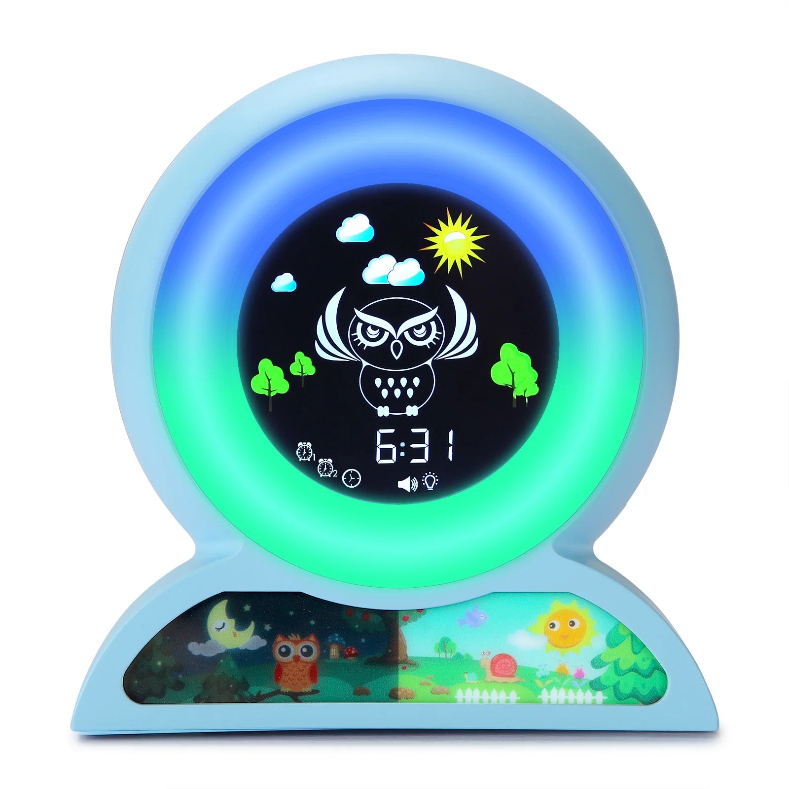 Child Alarm Clock with Cute Animal Design, Sleep Trainer, Digital Wake-Up, Colorful Night Light, Snooze, Temperature, NAP Timer - Perfect for Kids Blue Owl