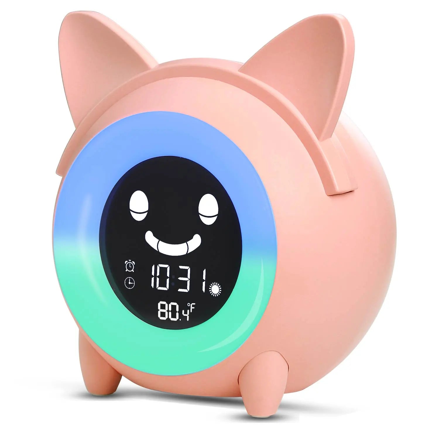 Child Alarm Clock with Cute Animal Design, Sleep Trainer, Digital Wake-Up, Colorful Night Light, Snooze, Temperature, NAP Timer - Perfect for Kids Pink Cat