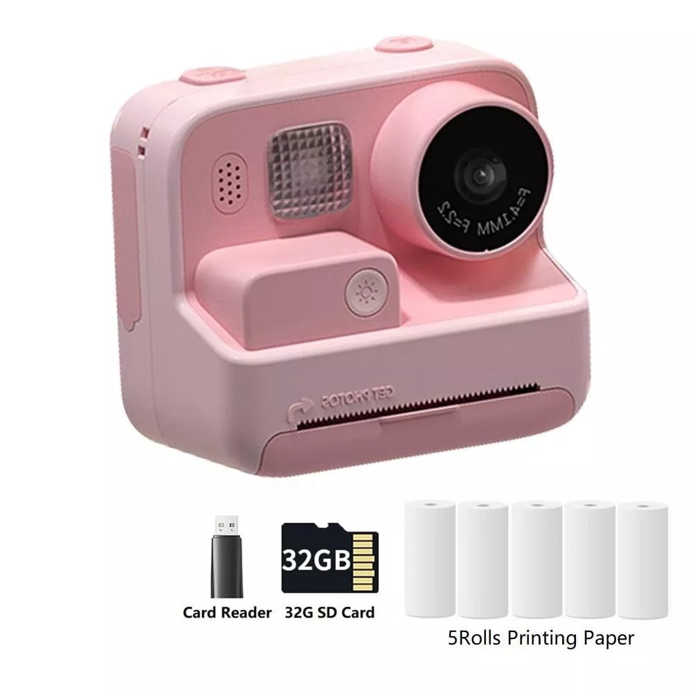 Children Instant Camera 2.0 - 1080P Video Photo Digital Camera with Thermal Print Paper for Kids, Birthday Gift Toys Pink 5Rolls 32G / CHINA