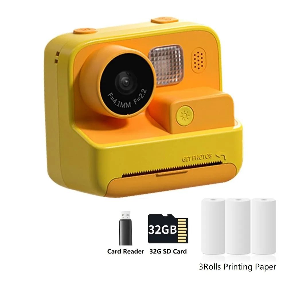 Children Instant Camera 2.0 - 1080P Video Photo Digital Camera with Thermal Print Paper for Kids, Birthday Gift Toys Yellow 3Rolls 32G / CHINA