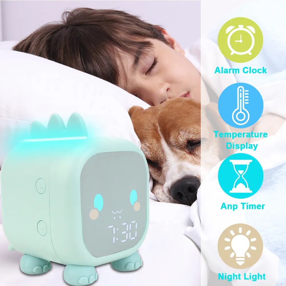 Children's Sleep Trainer Bedside LED Clock with Temperature Display, Voice Control, and Adorable Dinosaur Design