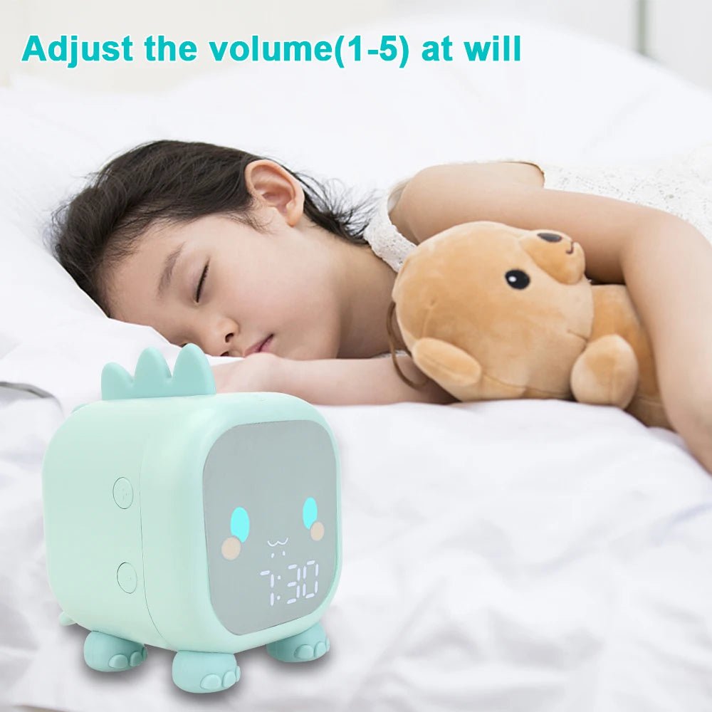 Children's Sleep Trainer Bedside LED Clock with Temperature Display, Voice Control, and Adorable Dinosaur Design