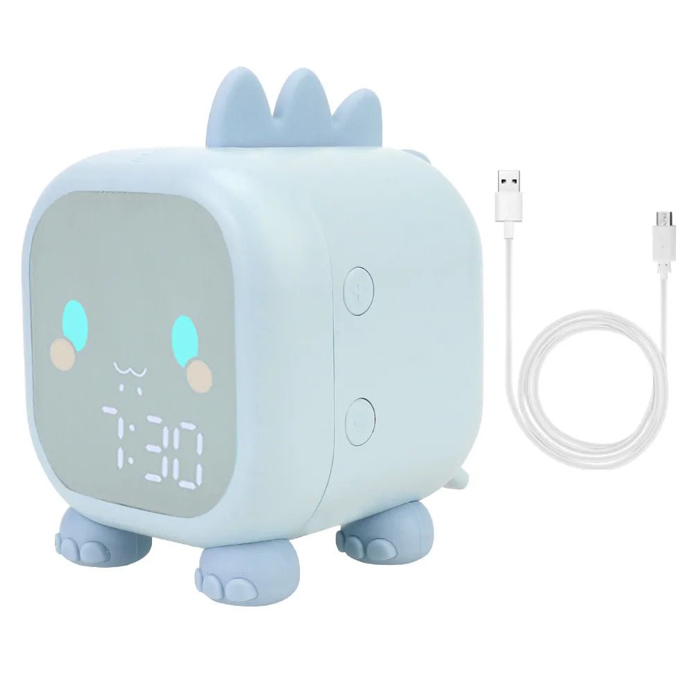 Children's Sleep Trainer Bedside LED Clock with Temperature Display, Voice Control, and Adorable Dinosaur Design Blue