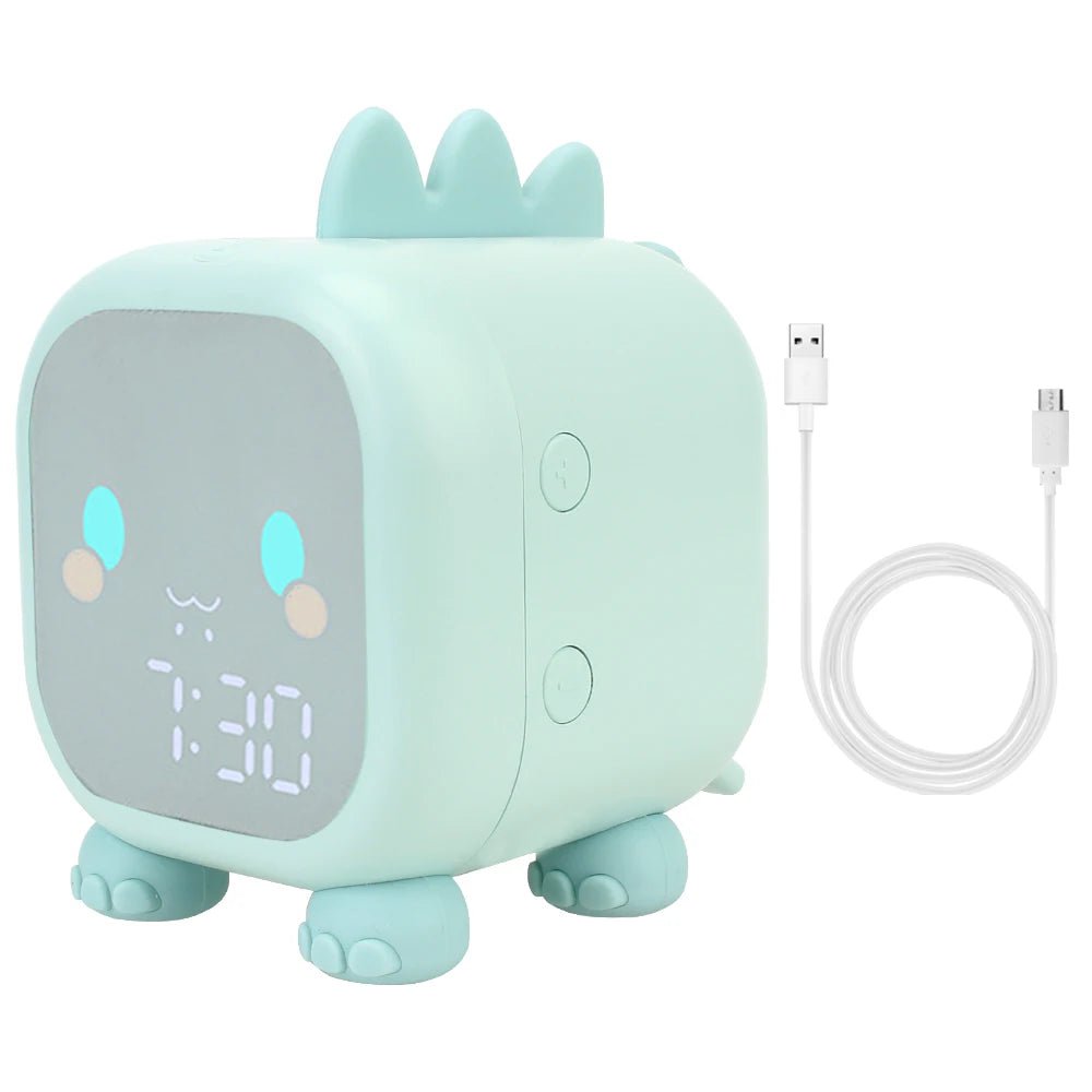 Children's Sleep Trainer Bedside LED Clock with Temperature Display, Voice Control, and Adorable Dinosaur Design green