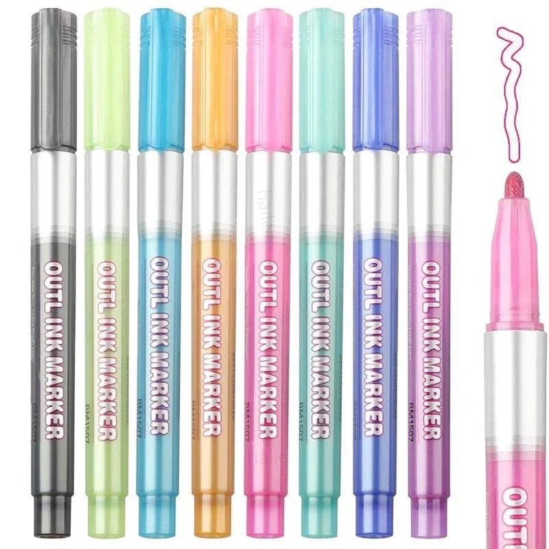 Christmas Highlighter Pen Set - 8 Colors, Double Line Outline, Art Marker Pens for Bullet Journal, Poster, Card DIY Painting and Writing 8 Colors set