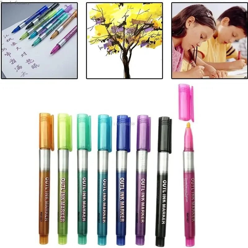 Christmas Highlighter Pen Set - 8 Colors, Double Line Outline, Art Marker Pens for Bullet Journal, Poster, Card DIY Painting and Writing 8 Colors set