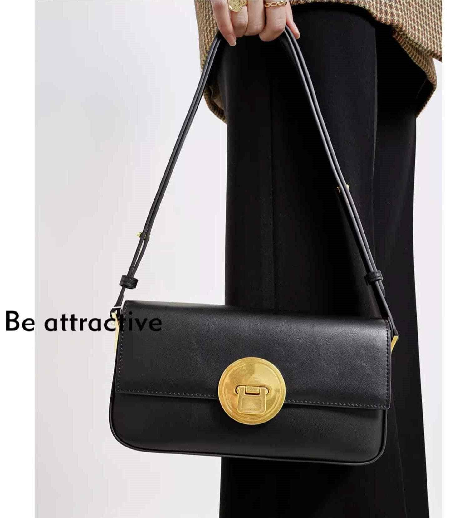 Circular Metal Lock Detail Flap Shoulder Bag