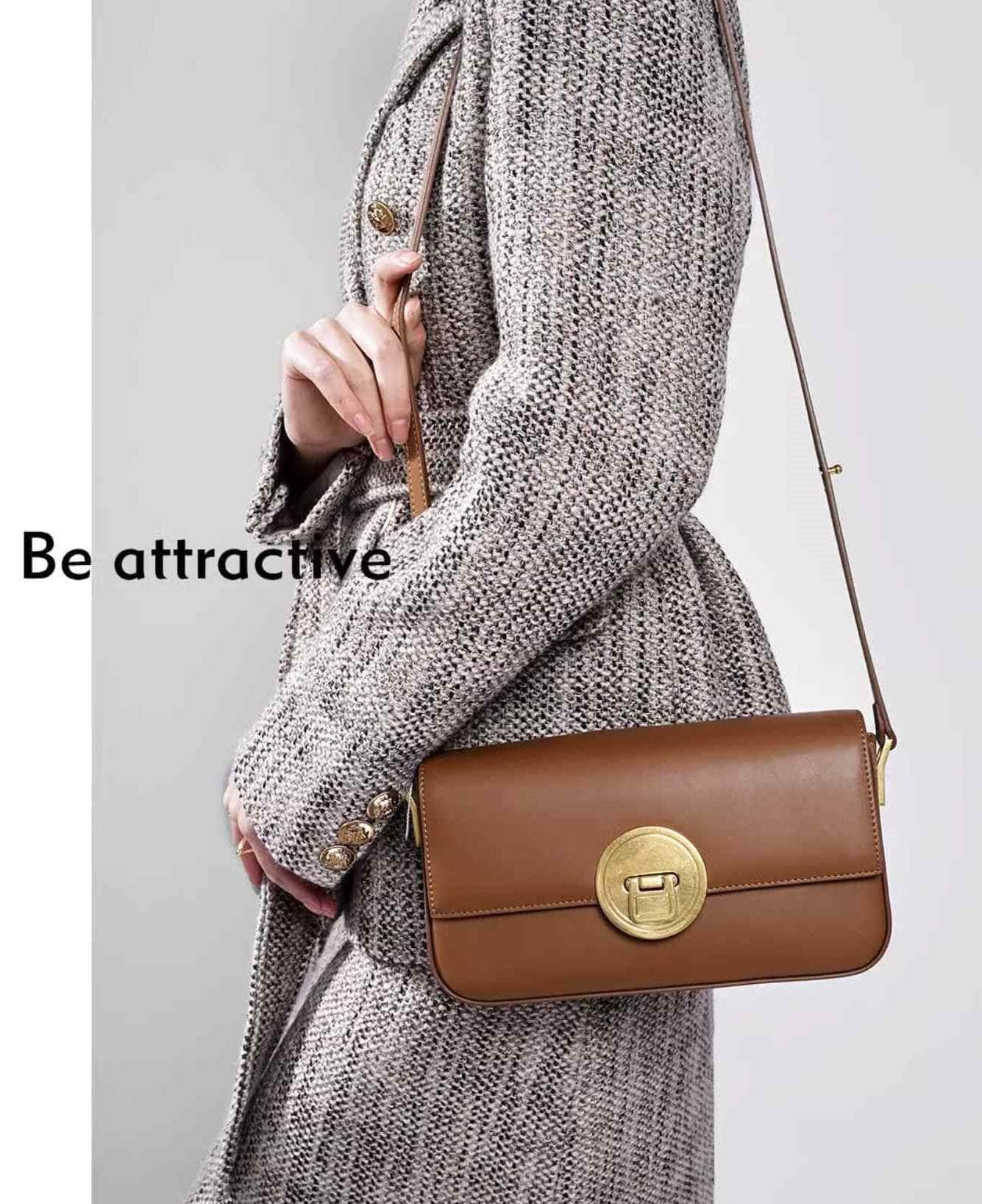 Circular Metal Lock Detail Flap Shoulder Bag