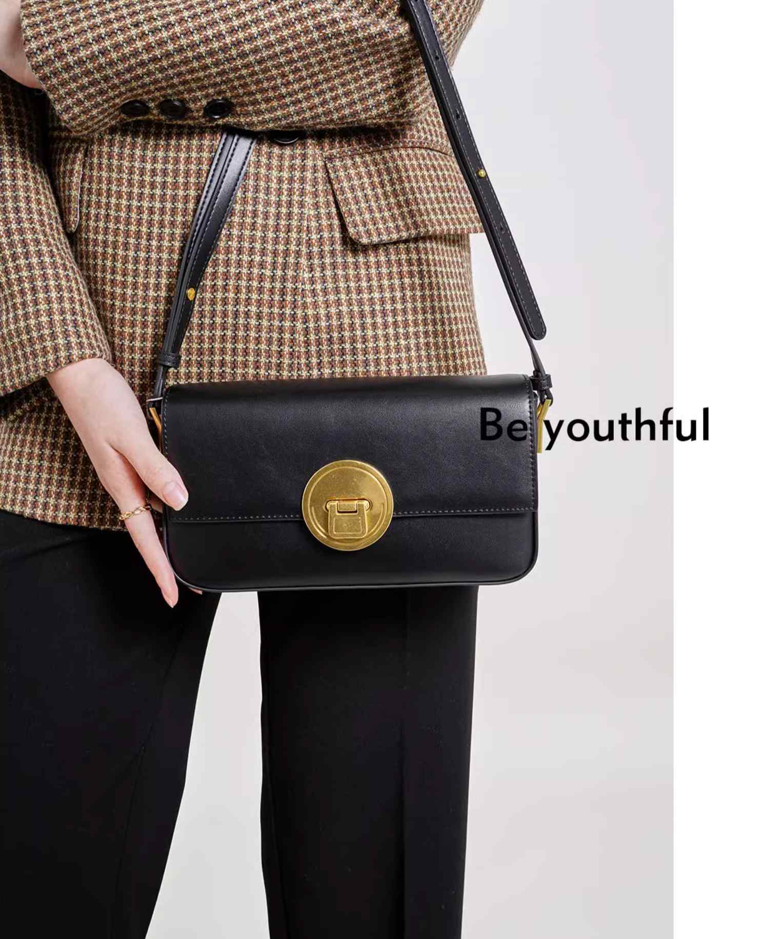 Circular Metal Lock Detail Flap Shoulder Bag