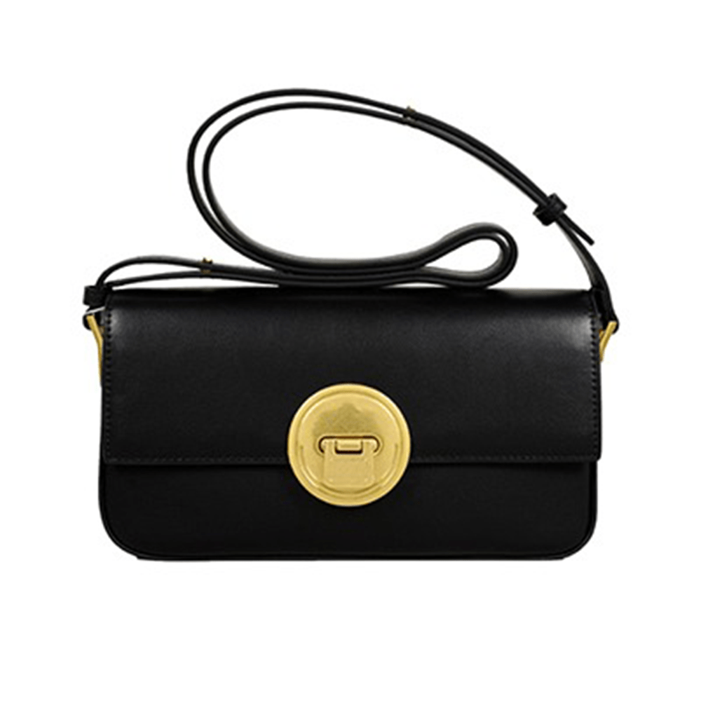 Circular Metal Lock Detail Flap Shoulder Bag Black