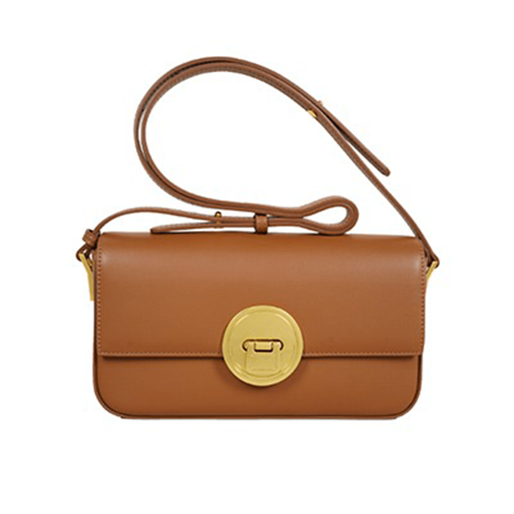 Circular Metal Lock Detail Flap Shoulder Bag Brown