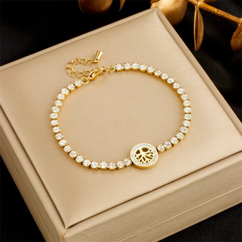 Circular Tree Charm Jewelry Set - Trendy Necklace and Bracelet with Zircon Crystals for Women B1008
