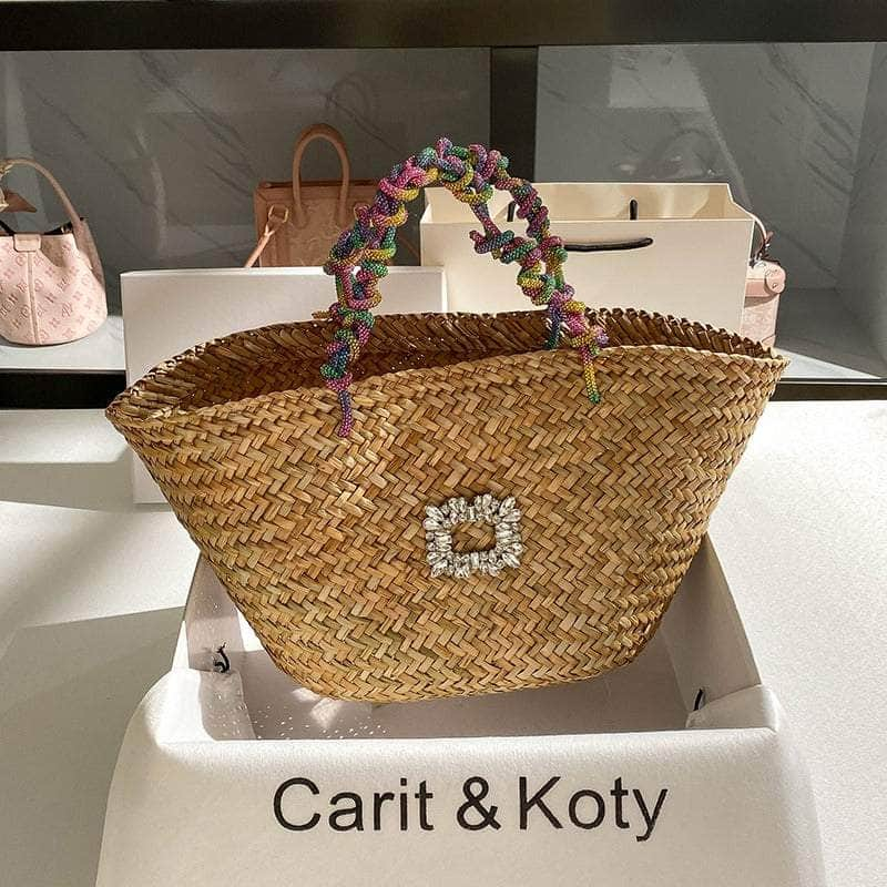 Classic Tote Woven Basket Handbag with Diamond Detail