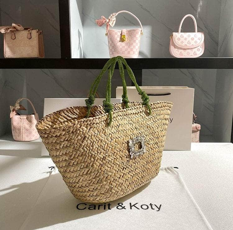 Classic Tote Woven Basket Handbag with Diamond Detail