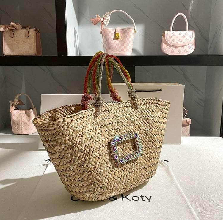 Classic Tote Woven Basket Handbag with Diamond Detail