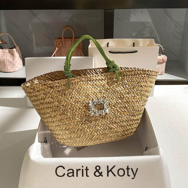 Classic Tote Woven Basket Handbag with Diamond Detail