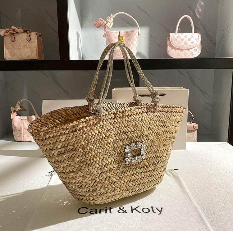 Classic Tote Woven Basket Handbag with Diamond Detail