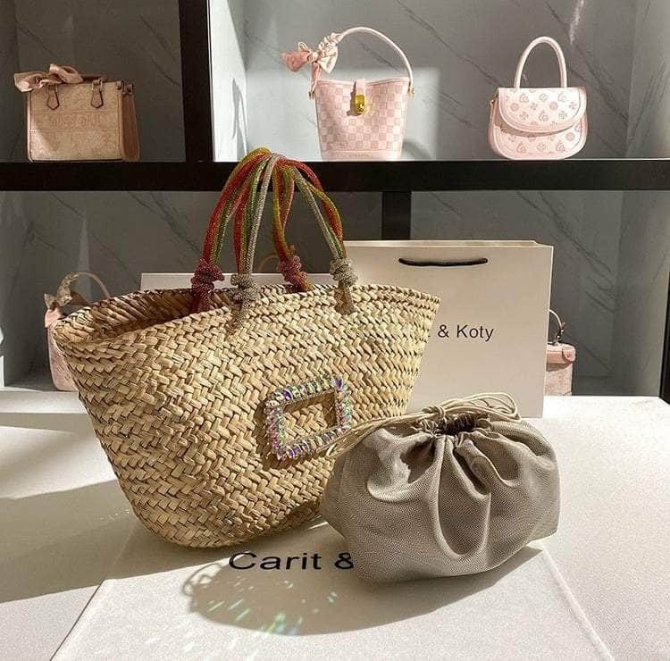 Classic Tote Woven Basket Handbag with Diamond Detail