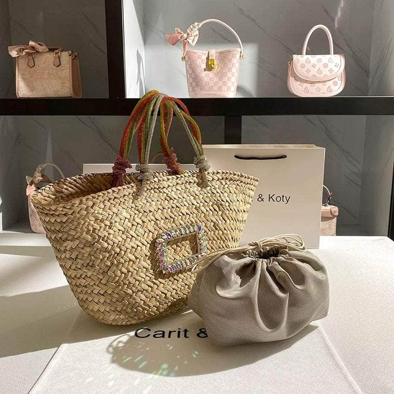 Classic Tote Woven Basket Handbag with Diamond Detail