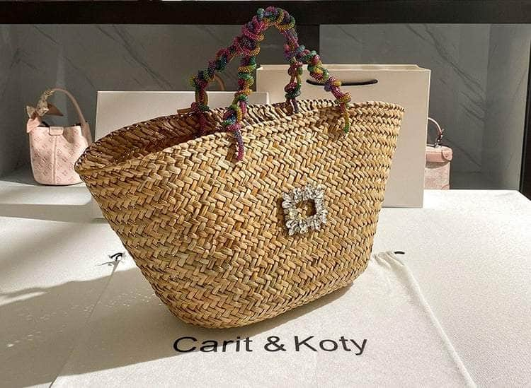 Classic Tote Woven Basket Handbag with Diamond Detail