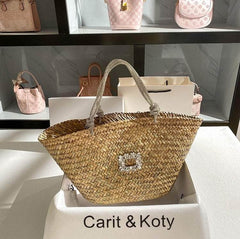 Classic Tote Woven Basket Handbag with Diamond Detail