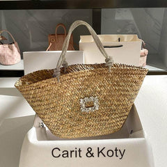 Classic Tote Woven Basket Handbag with Diamond Detail