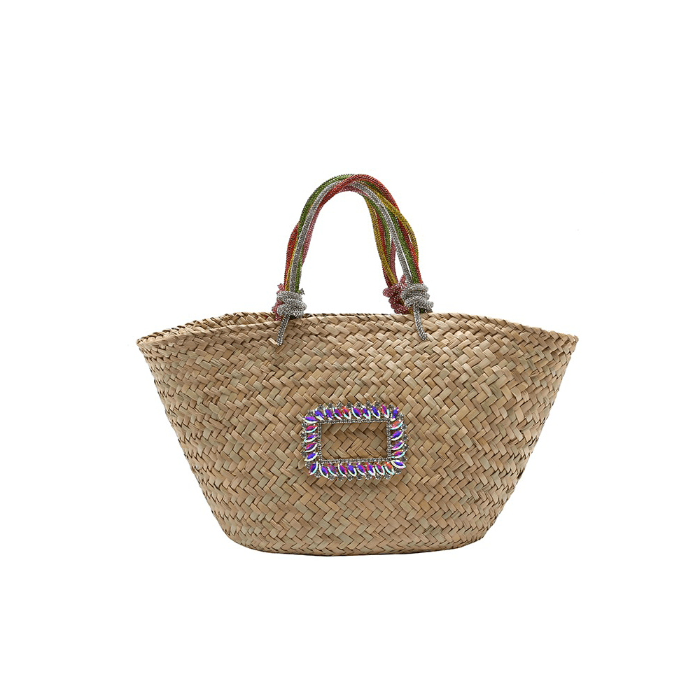 Classic Tote Woven Basket Handbag with Diamond Detail