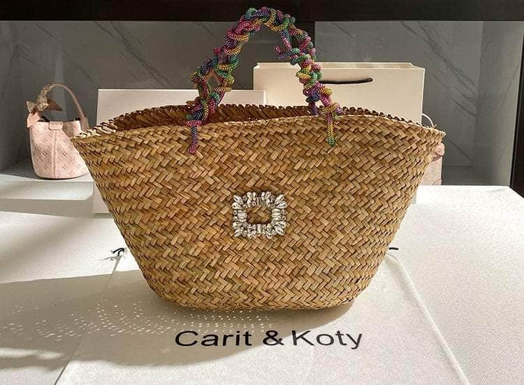 Classic Tote Woven Basket Handbag with Diamond Detail Chroma