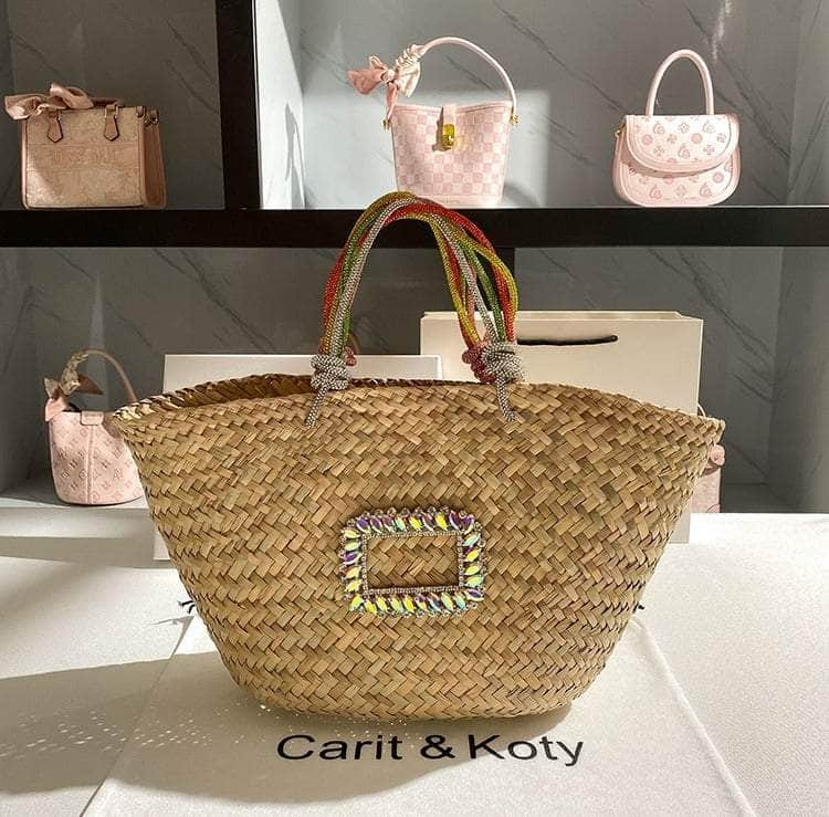 Classic Tote Woven Basket Handbag with Diamond Detail Holographic