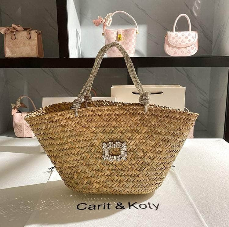 Classic Tote Woven Basket Handbag with Diamond Detail Silver