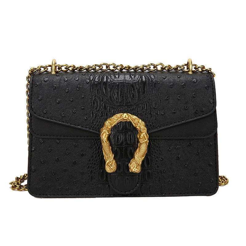 Classy Aligate Leather Handbag with Chain Accent Black