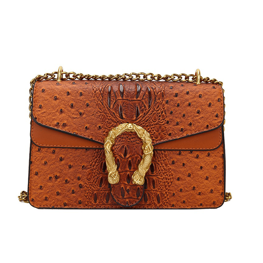 Classy Aligate Leather Handbag with Chain Accent Brown