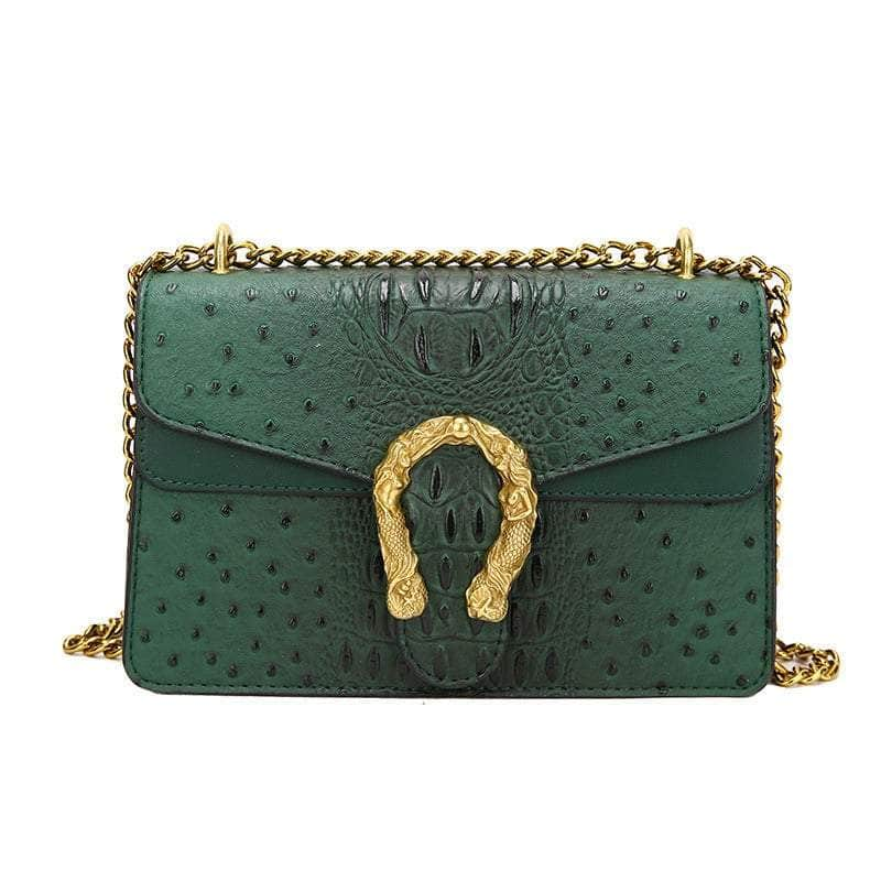 Classy Aligate Leather Handbag with Chain Accent Green