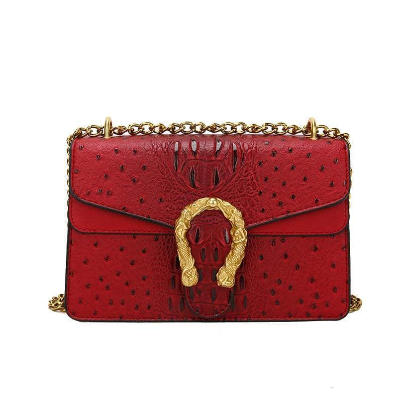 Classy Aligate Leather Handbag with Chain Accent Red