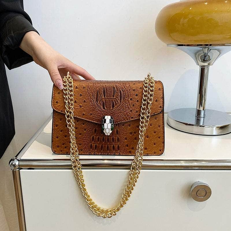 Classy Alligator Skin Bag with Gold Chain Strap Brown